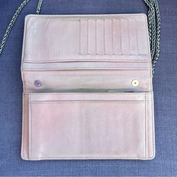 CHANEL Iridescent Purple Camellia CCLogo Leather Long Bifold Wallet Purse Wallets